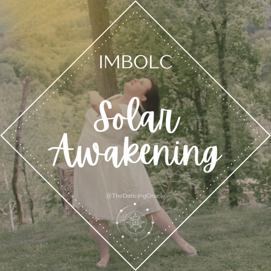Woman in white dress performing a lunge amidst lush green trees with solar rays beaming down on her and text that says "Imbolc: Solar Awakening"