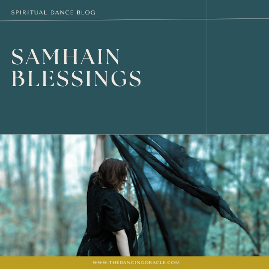 woman in black dress dancing with a large black scarf in the woods during the fall with text that says "Samhain Blessings"