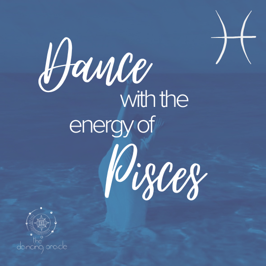 Woman in white dress dancing in the ocean surf with text that says "Dance with the energy of Pisces"