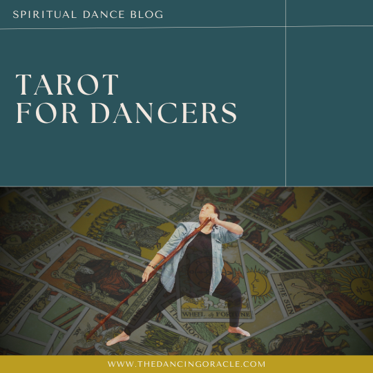 Woman in a black unitard and blue jean button shirt performing a rear lunge with a long wooden staff and a background of tarot cards with text that reads “Tarot for Dancers"