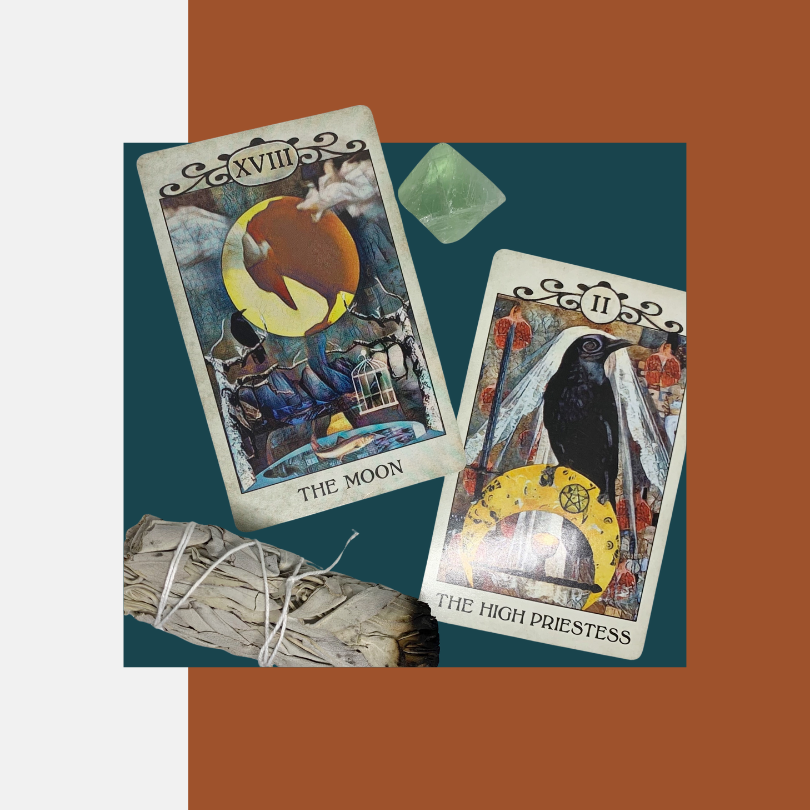 Tarot cards from the Crow Tarot deck, an sage bundle, and aquamarine crystal with text that says Intuitive Card Reading