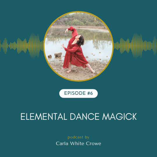 Dancer in rust colored dress performing a lunge on a lake shore with audio waves graphic and titles that say episode 6 elemental dance magick