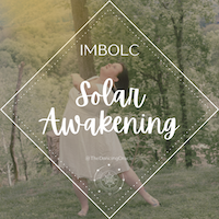Woman in white dress performing a lunge amidst lush green trees with solar rays beaming down on her and text that says "Imbolc: Solar Awakening"